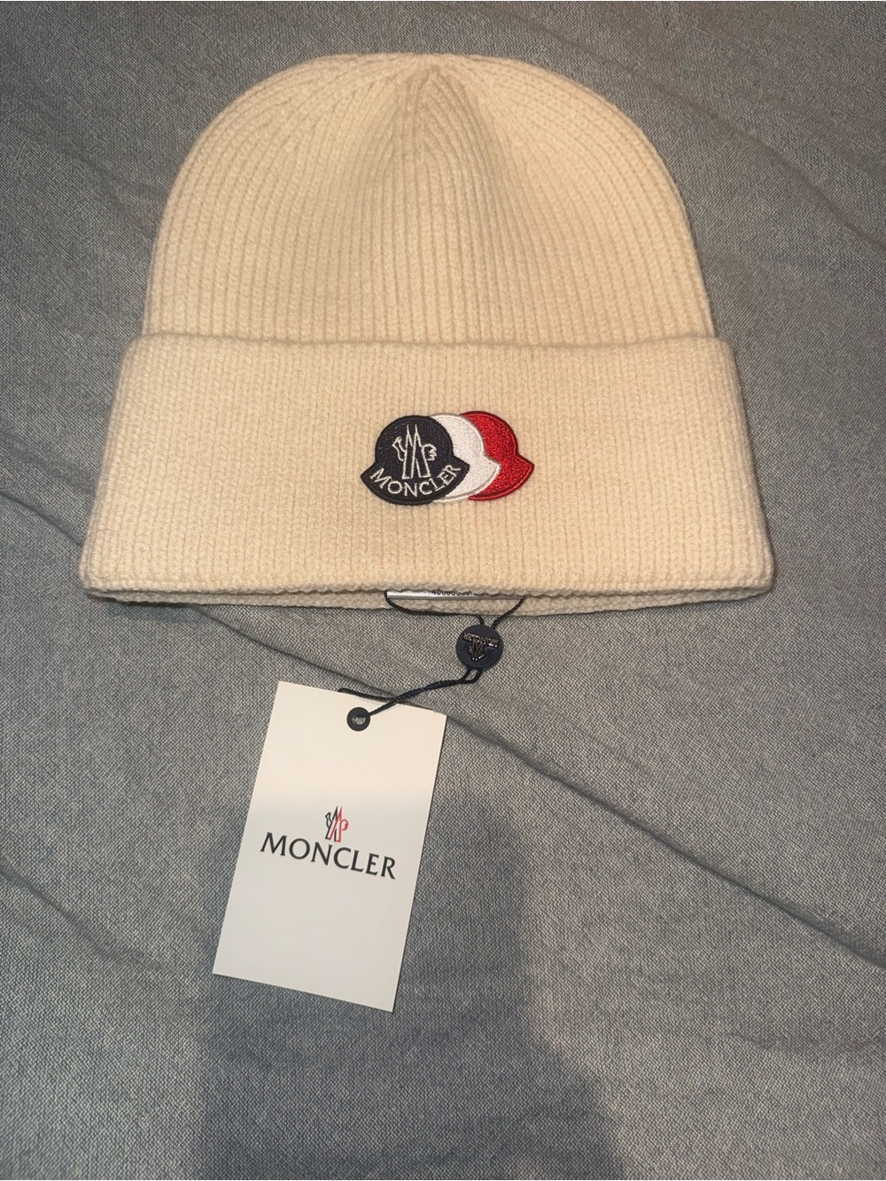 Moncler Off-White Folded Cuff Beanie with Tricolor Logo